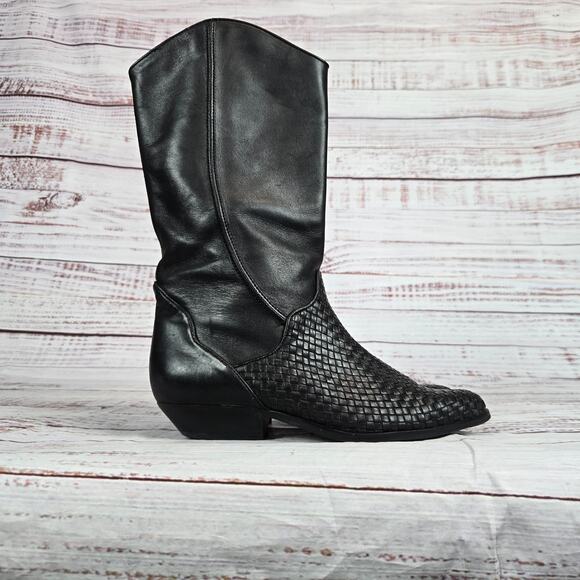 Architect Black Leather Ellis Boots Size 6.5M Pull on Woven Mixed Weave Western - Picture 3 of 10